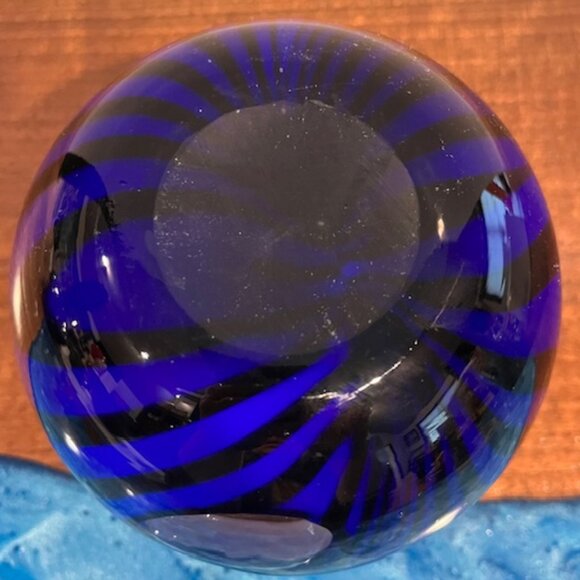 Murano Style Cobalt Blue and Black Stripe Blown Glass Bowl Vase Peekaboo Cutouts - Picture 6 of 6